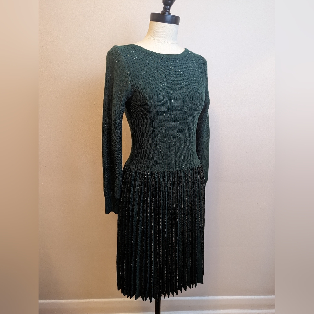 Vintage holiday knit dress with drop waist and pleated skirt